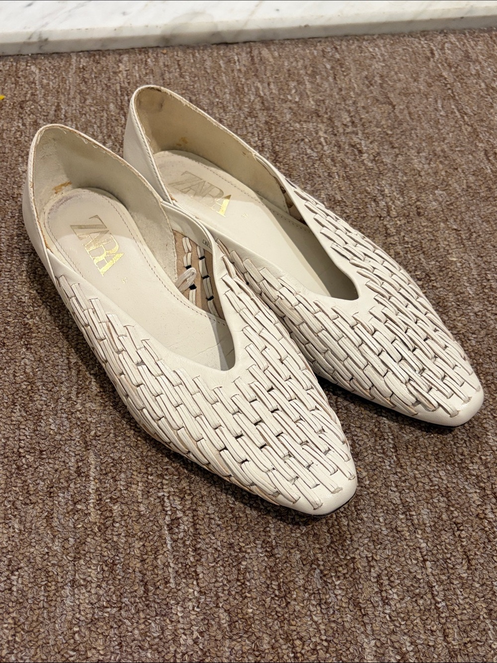 Zara Cream Woven Pointed-Toe Slip-Ons